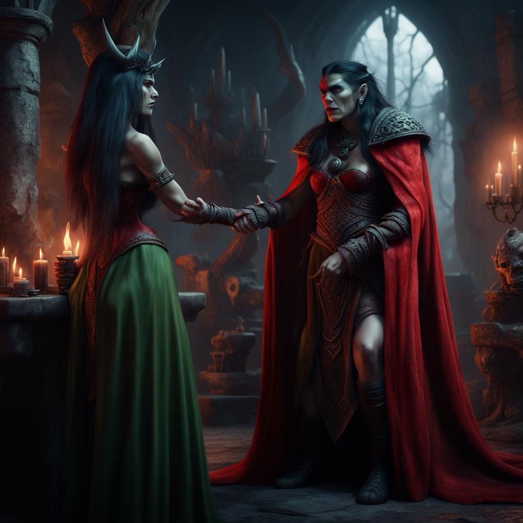 Sorceress and Half-Orc in Cinematic Scene