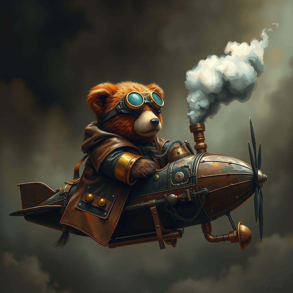 Teddy Bear Steampunk Airship in Surreal Style