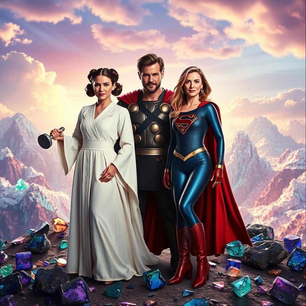 Regal Heroes on Iridescent Stained Glass Planet in Cinematic...