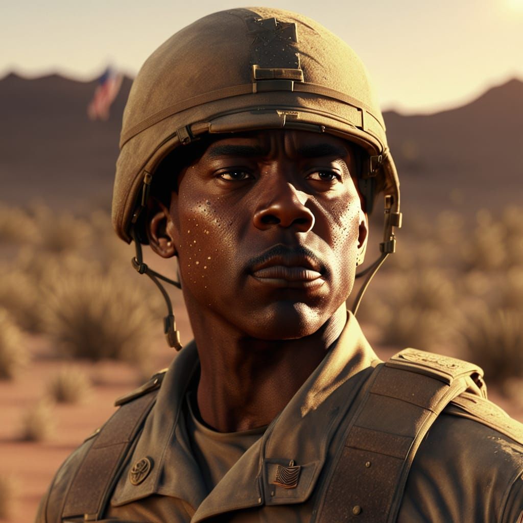 African American US Soldier in Desert, Photorealistic Art