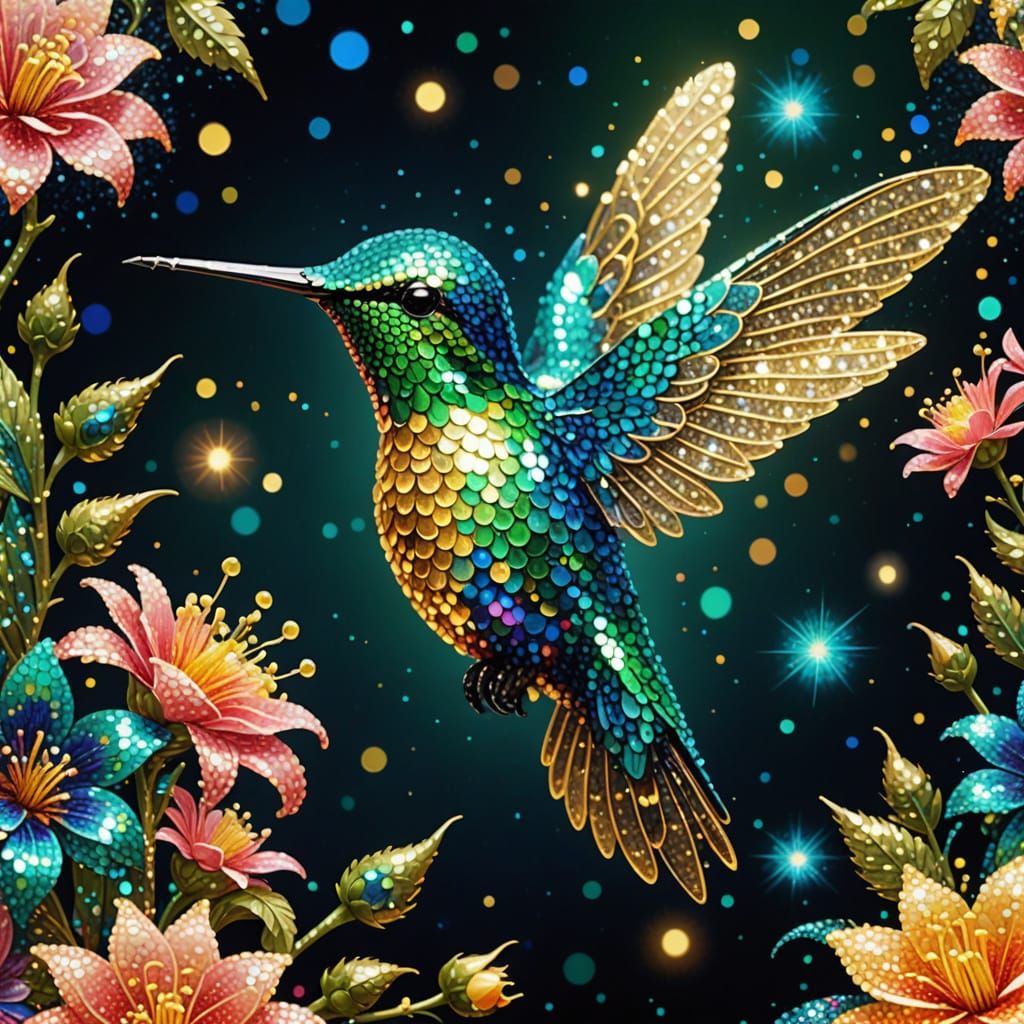 Iridescent Hummingbird Amidst Sparkling Sequins