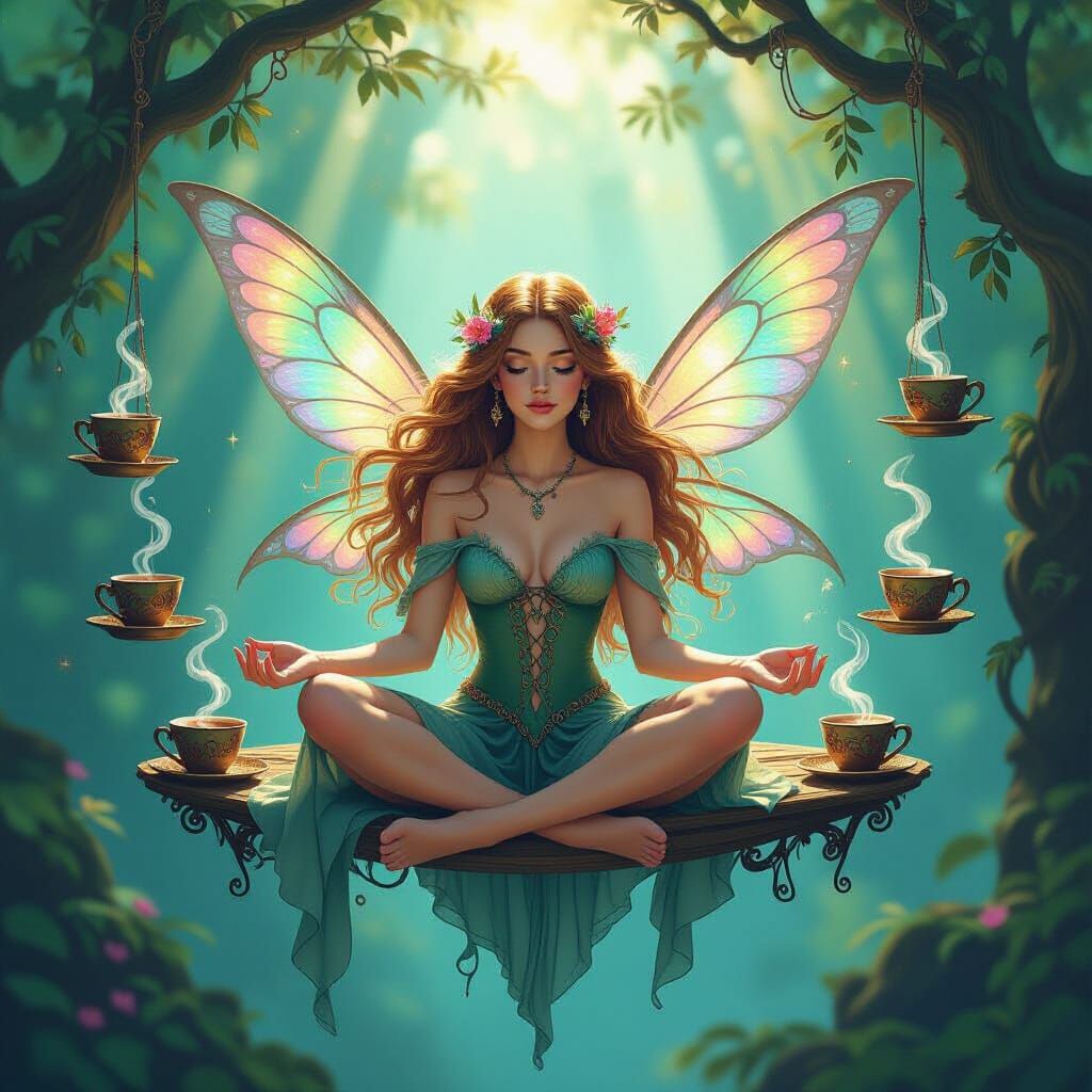 Bohemian Fairy Serene Among Floating Coffee Cups