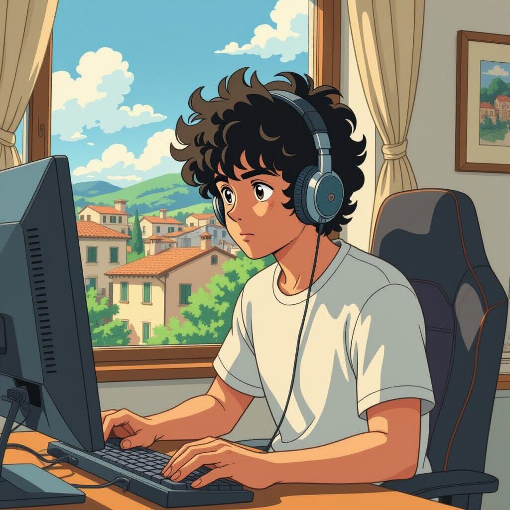 Italian Boy Gaming in Studio Ghibli Style