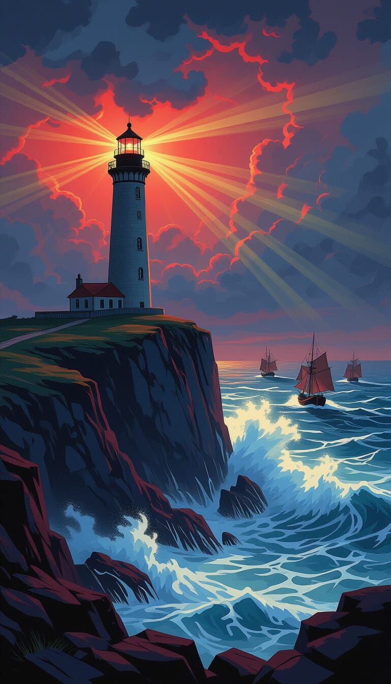 Lighthouse on Cliff During Storm in Cinematic Style