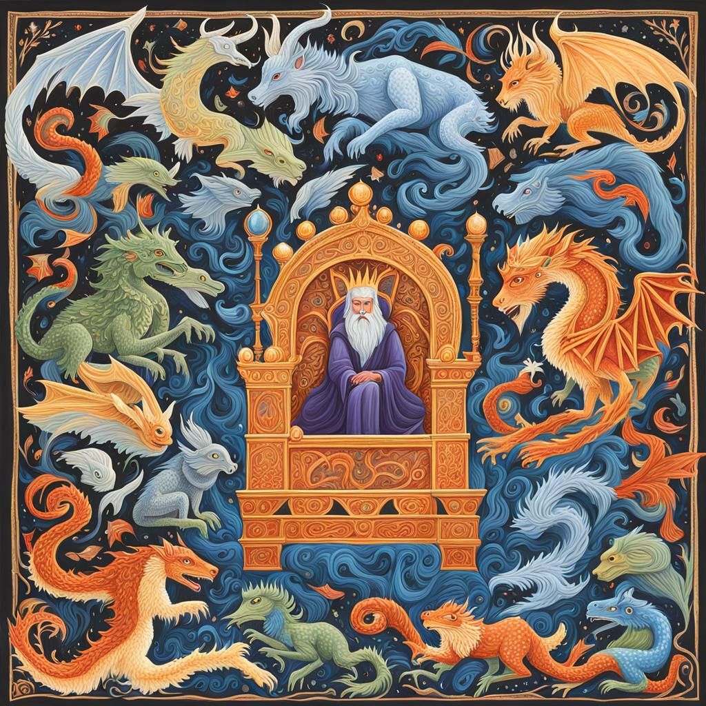 Mythical Creatures Gouache Painting with Throne