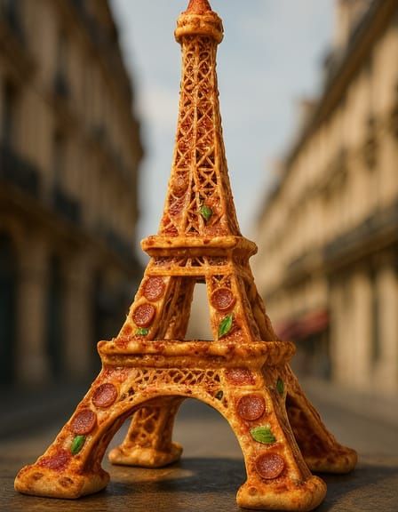 Eiffel Tower Made of Pizza: Realistic Photo