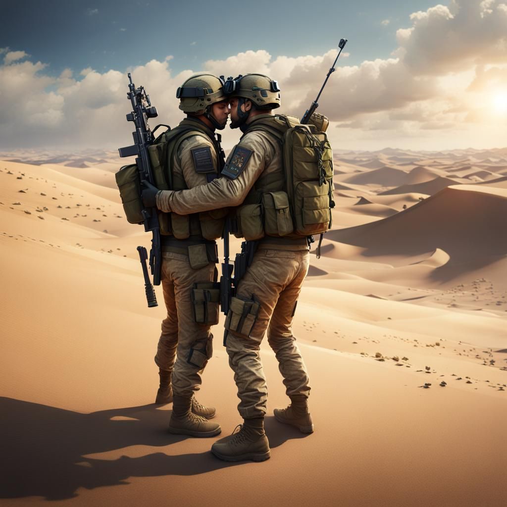 Soldiers Kissing in Desert Sand Dunes: Detailed Matte Painti...