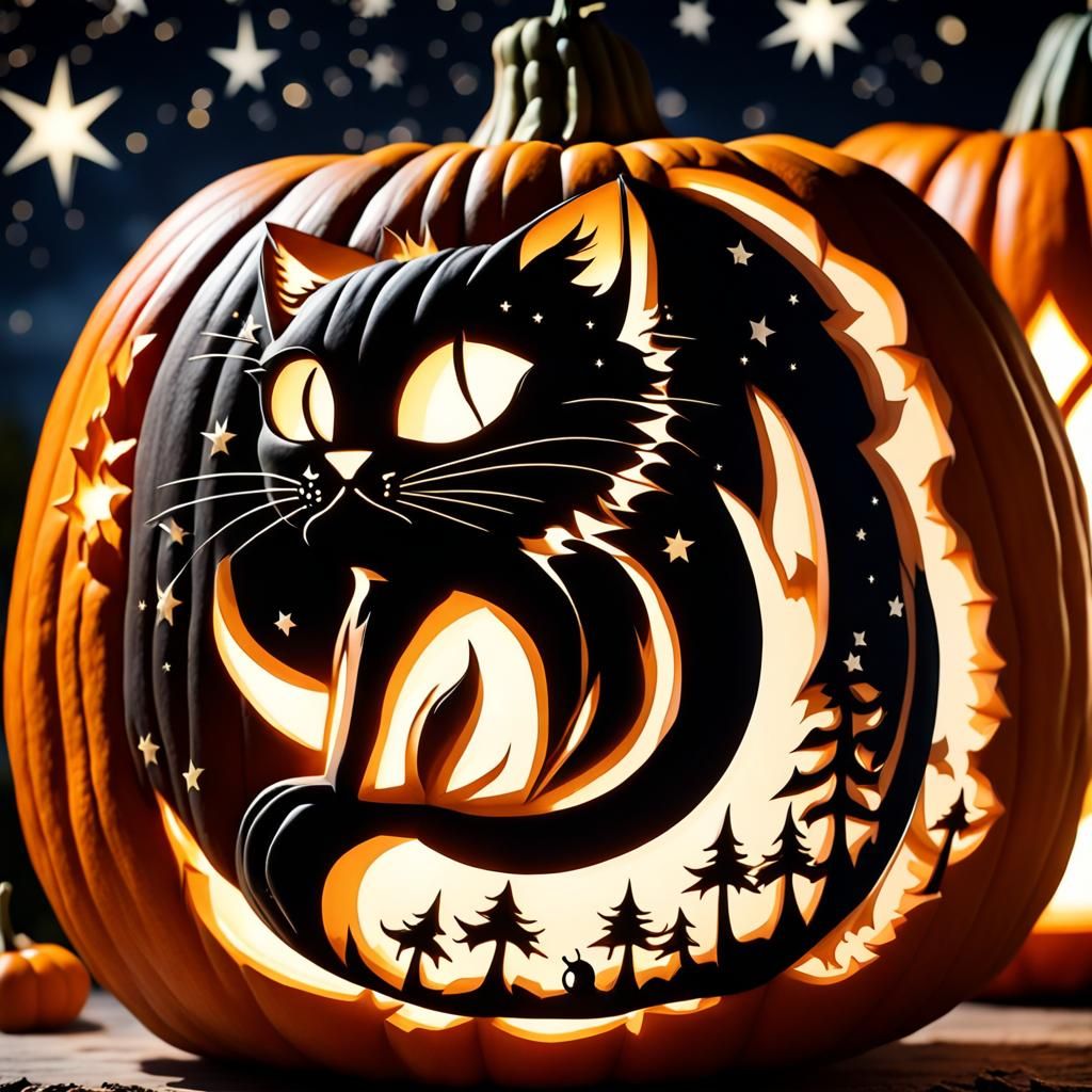 Detailed Black Cat Carved on Halloween Pumpkin