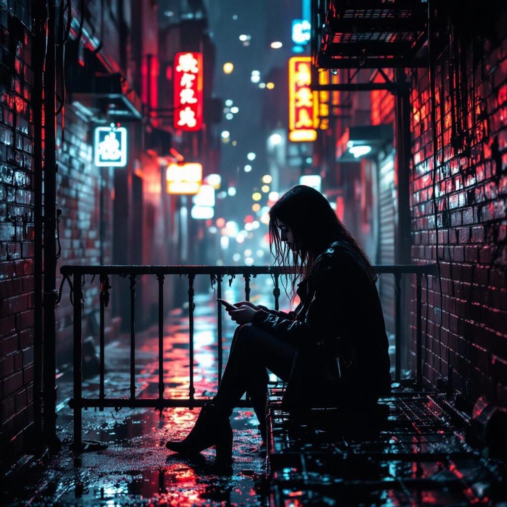 Woman on Fire Escape Overlooking Neon City at Night