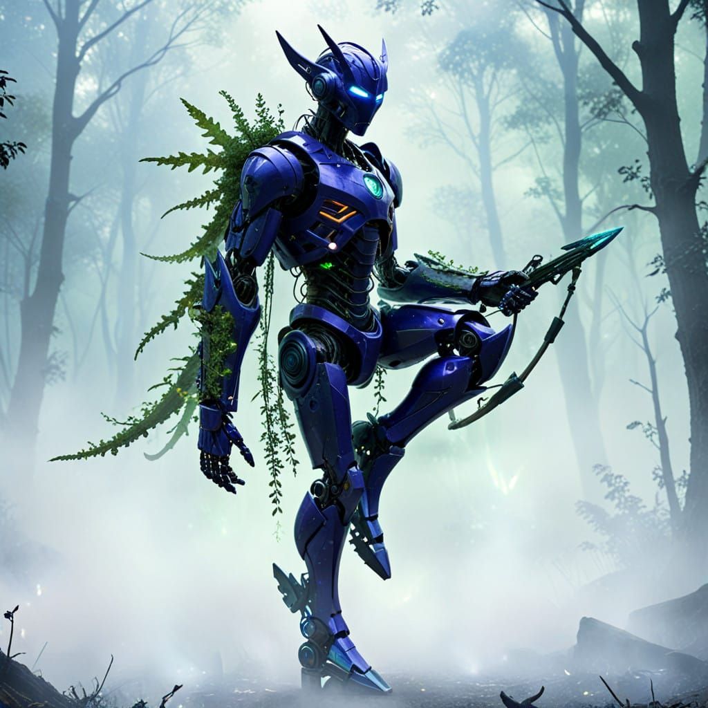 Blue Aura Robot Demon in a Cyberpunk Bamboo Forest