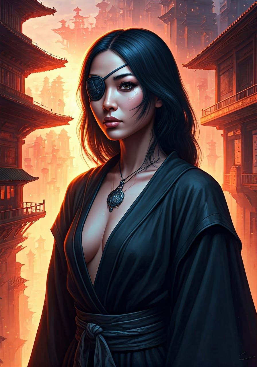 Asian Woman in Sky City: Hyperrealistic Digital Art