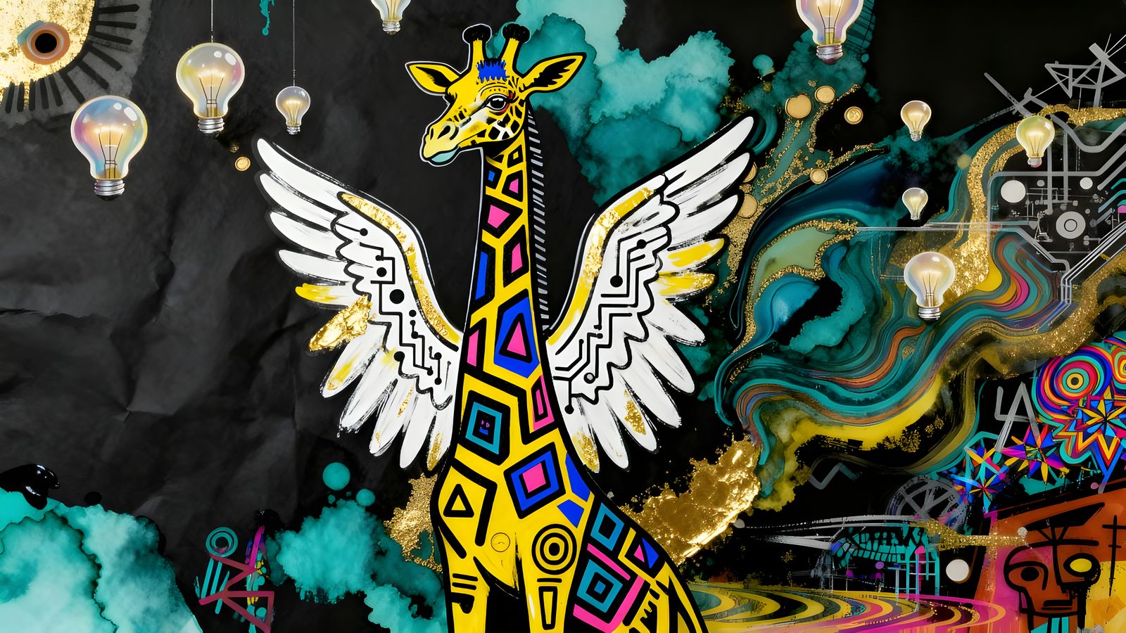 Giraffe Angel with Wings in Kaleidoscopic Primitivism Style