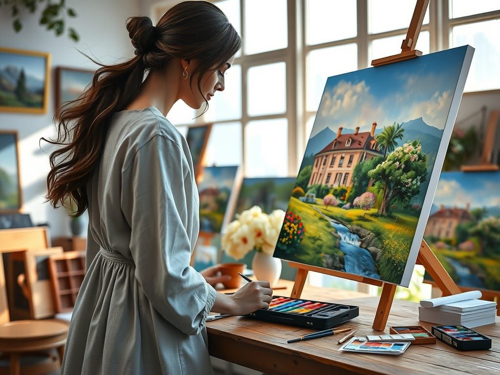 Elegant Painter Lost in Artistic Expression