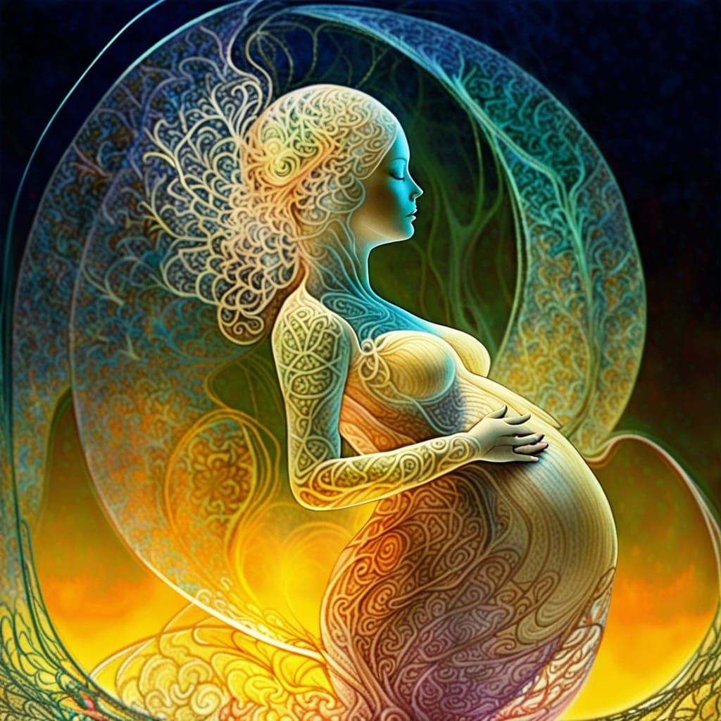 Crystal Fractal Forest Pregnant Girl: Suminagashi Style