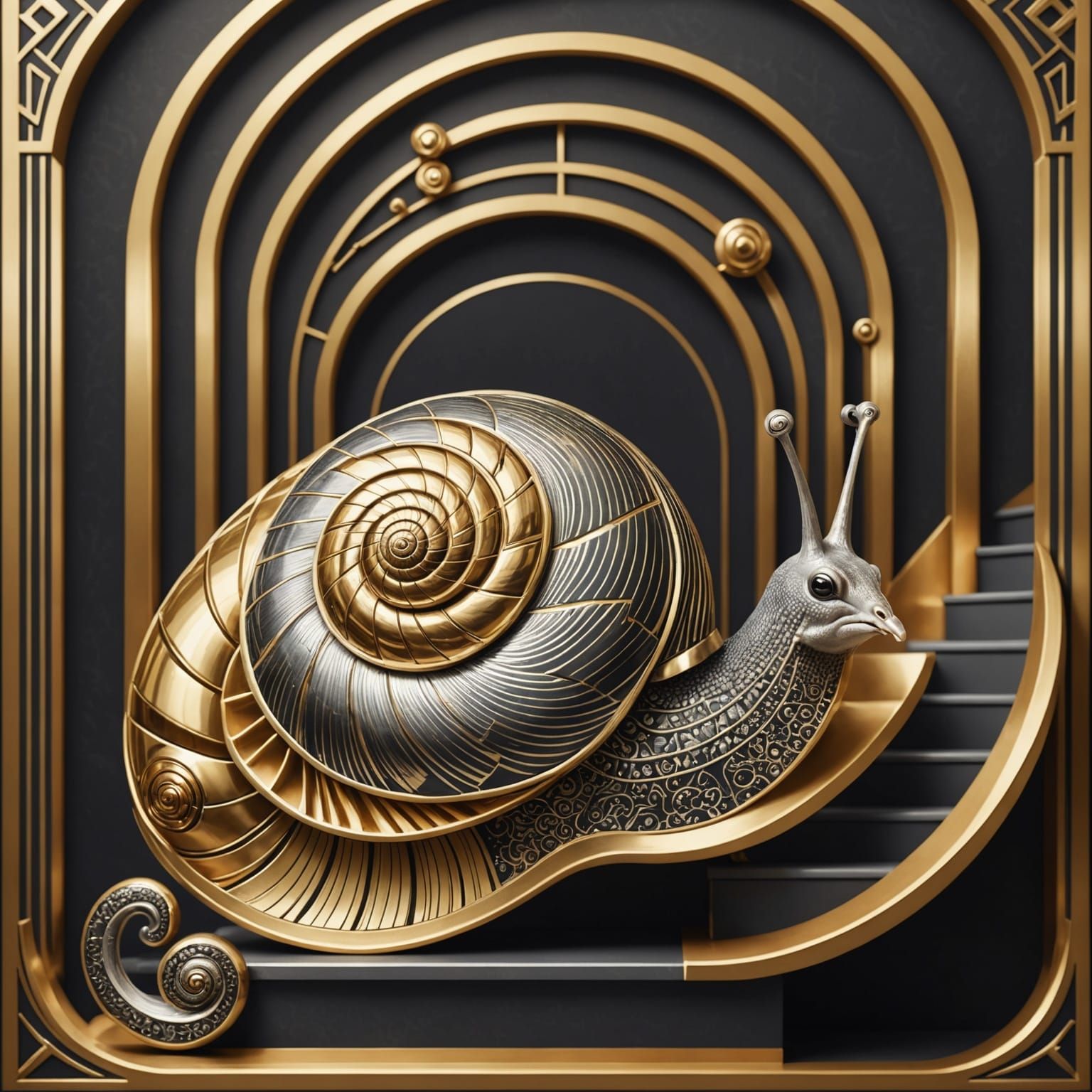 Art Deco Snail Climbing Elegant Stairs