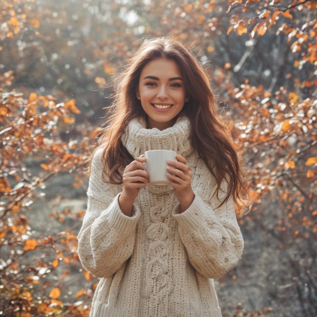Cozy Autumn: Woman in Sweater with Coffee