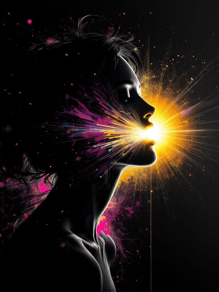 Surreal Portrait in Cyberpunk Style with Radiant Sunburst