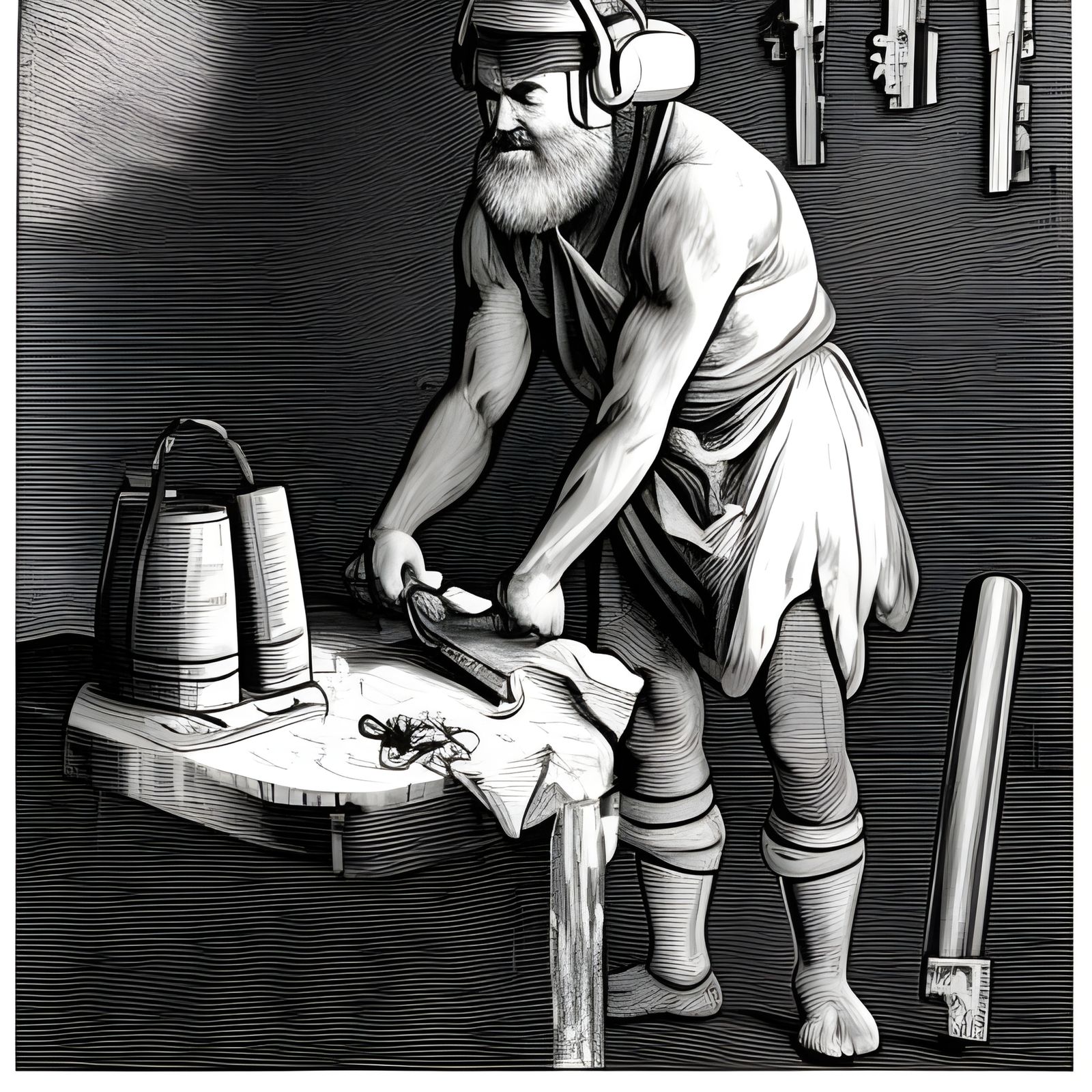 Architect Forging Keys: Rough Linocut Portrait