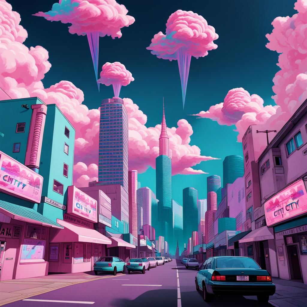 Vaporwave Cityscape with Cotton Candy Colors