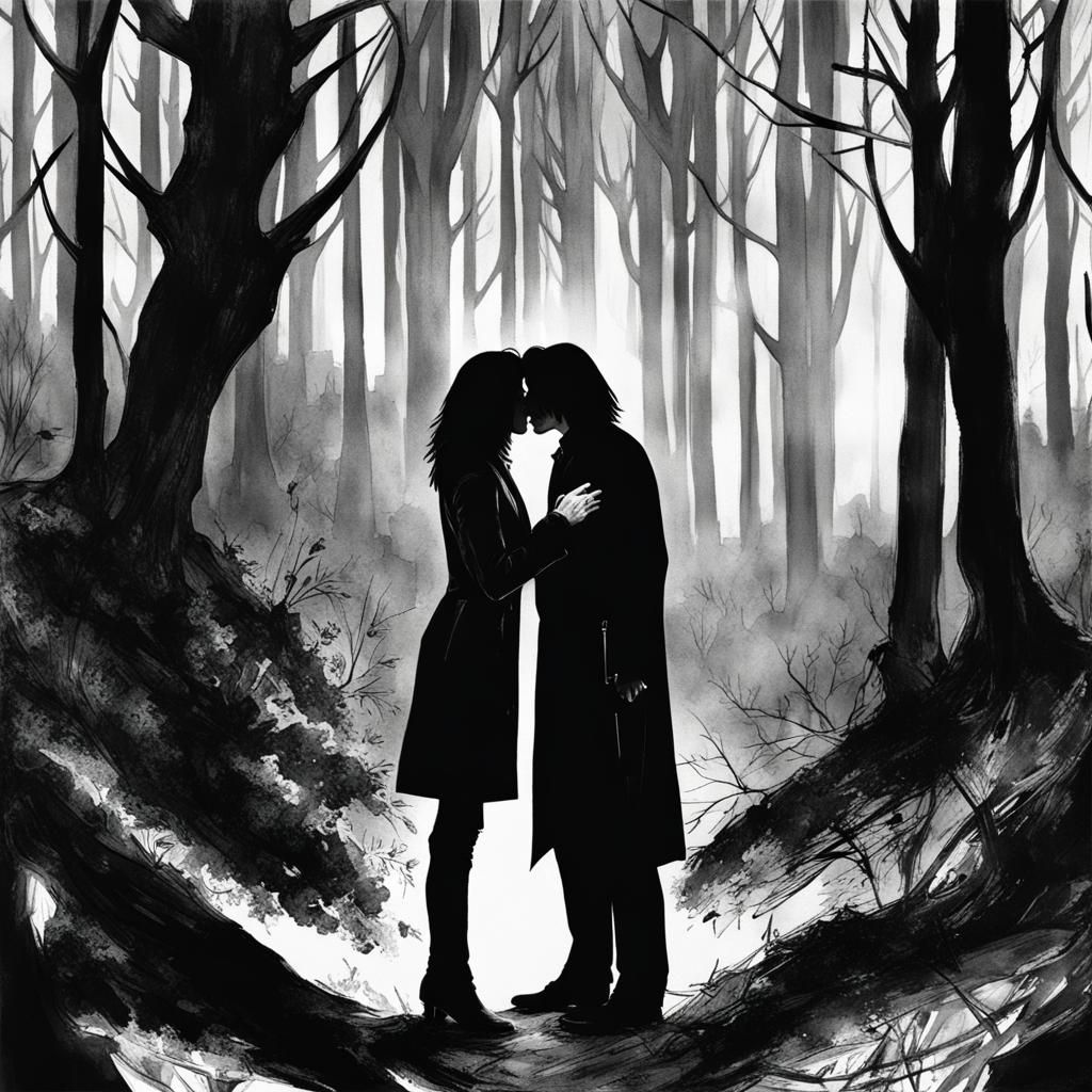 Passionate Kiss in the Woods at Night