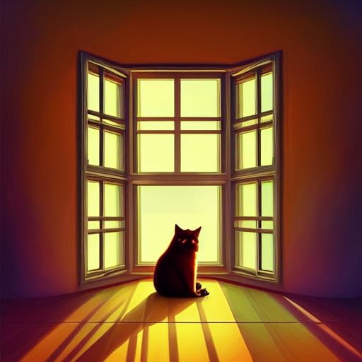 Cat in Window: Low Poly Fantasy Art
