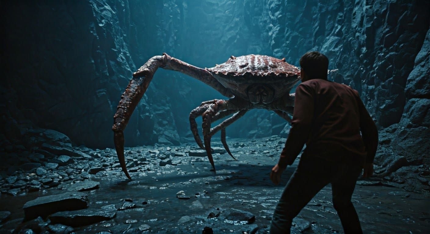 Rotting Crab Monster Attacks Man in Dark Cave