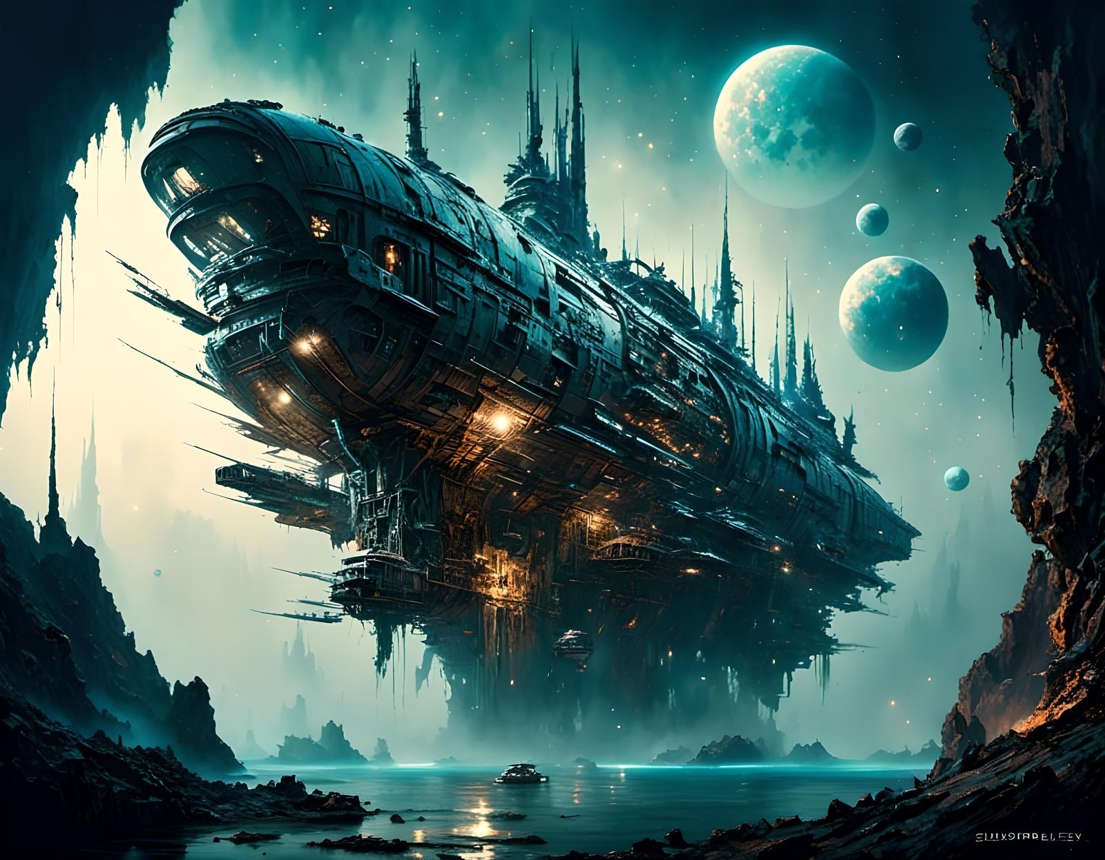 Sinking Starship Ruins Under Cerulean Moons