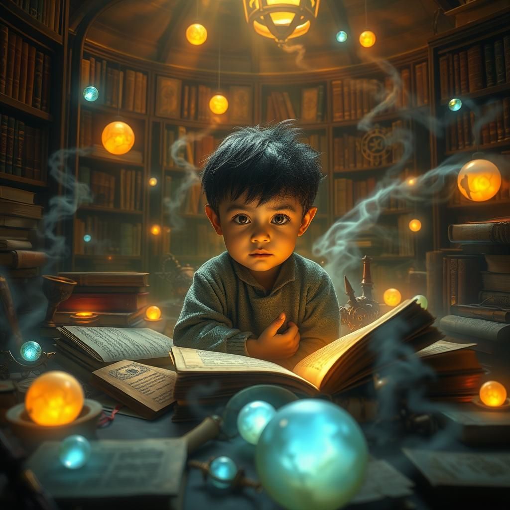 Child in Glass Study Surrounded by Knowledge