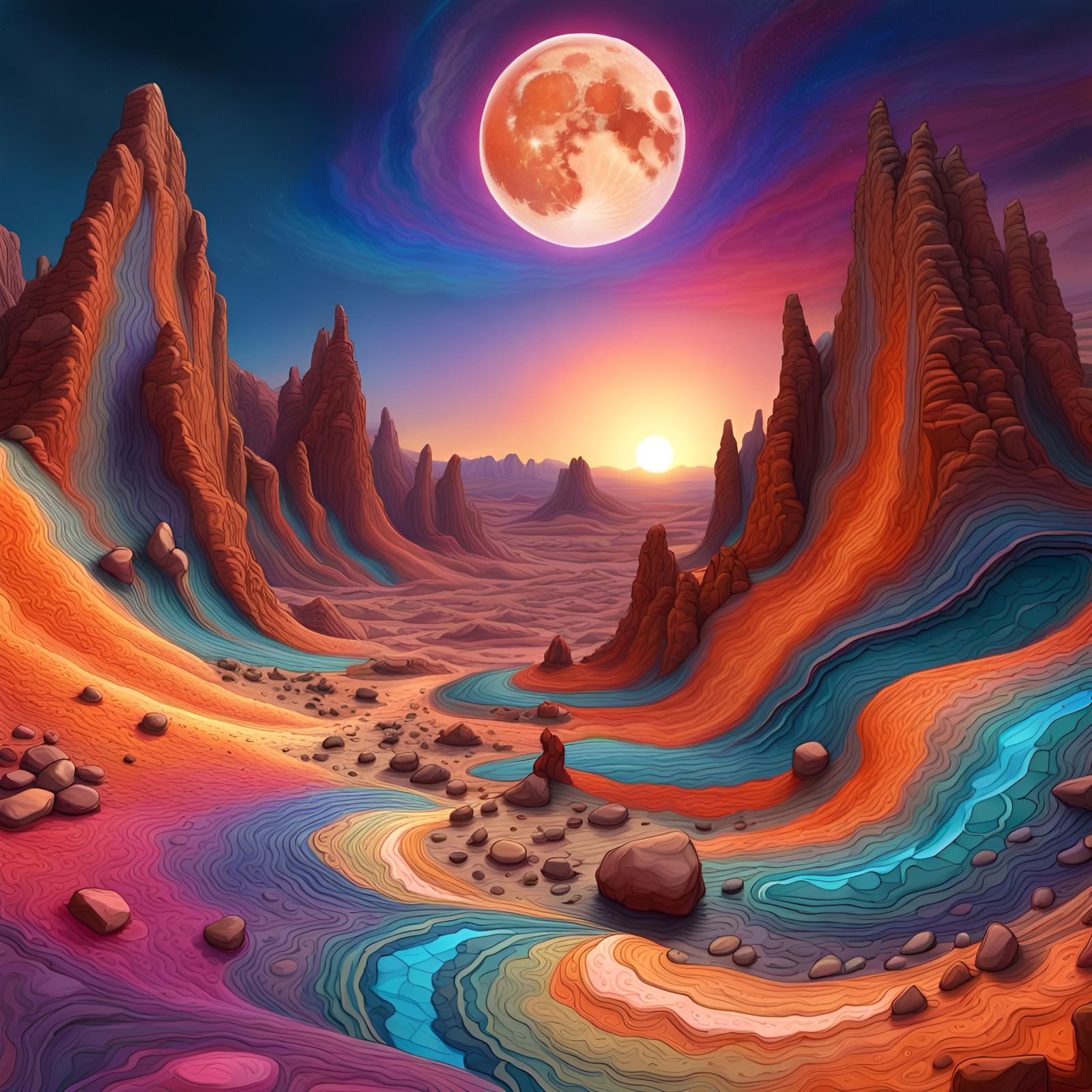 canyon, multicolor rocks, desert, starry sky, big moon