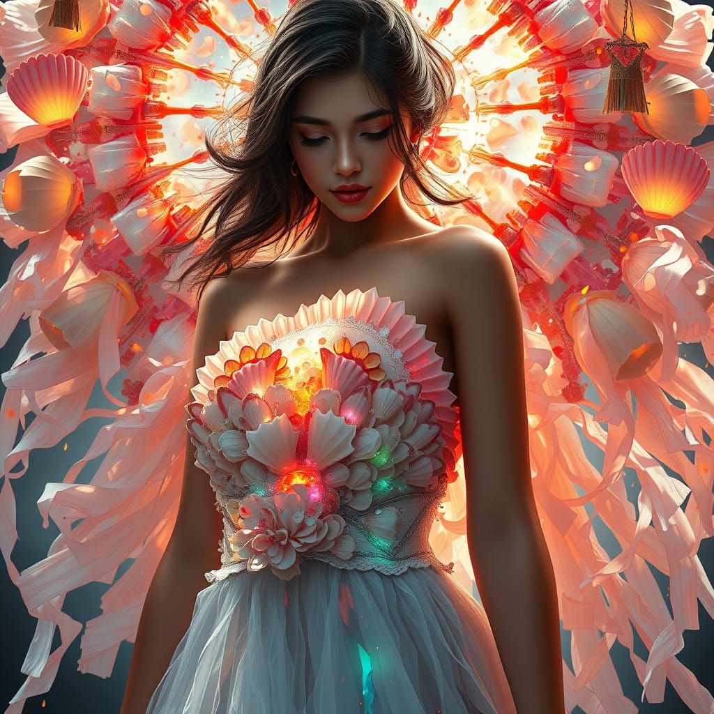 Surreal Portrait of a Woman in a Shell Dress, in Vibrant Tri...