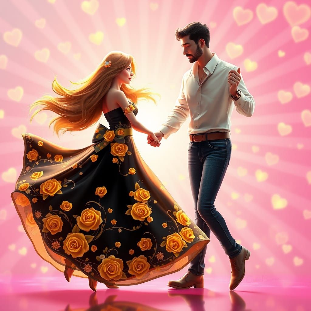 Dancing Couple Surrounded by Hearts in 3D Style
