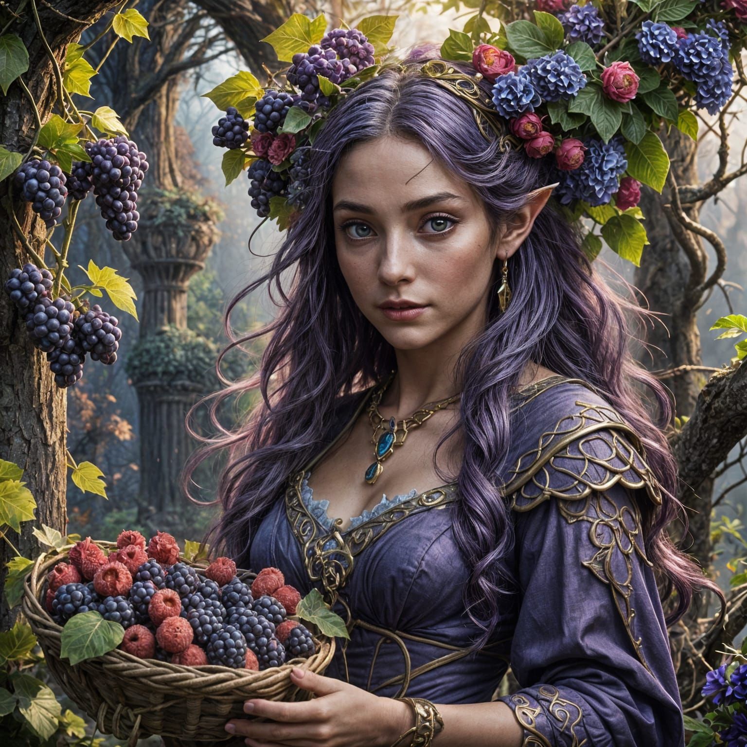 Purple-Haired Elf with Grapes and Raspberries