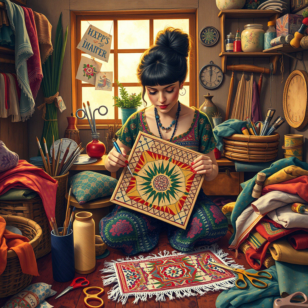 Colorful Artisan in Whimsical Naive Art Workshop