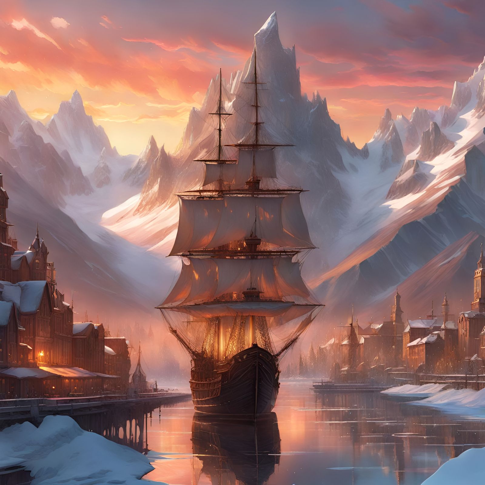 Mirror City Sunset: Pirate Ship on Glass Lake