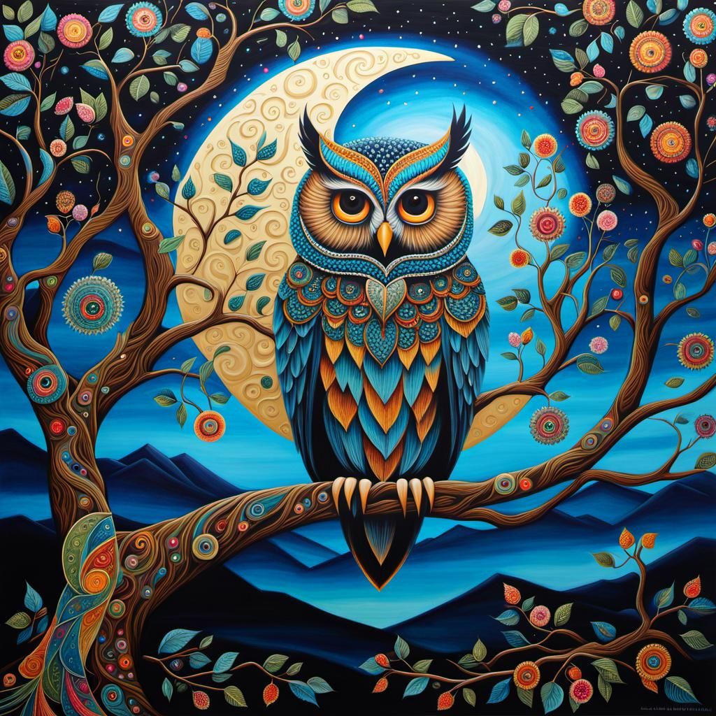 Owl on Colorful Tree of Life in Acrylic Watercolor