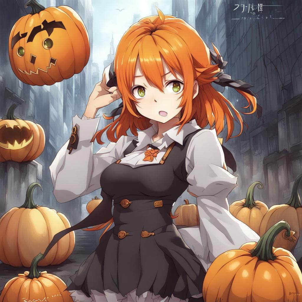 Anime Pumpkin-Headed Character in Manga Style