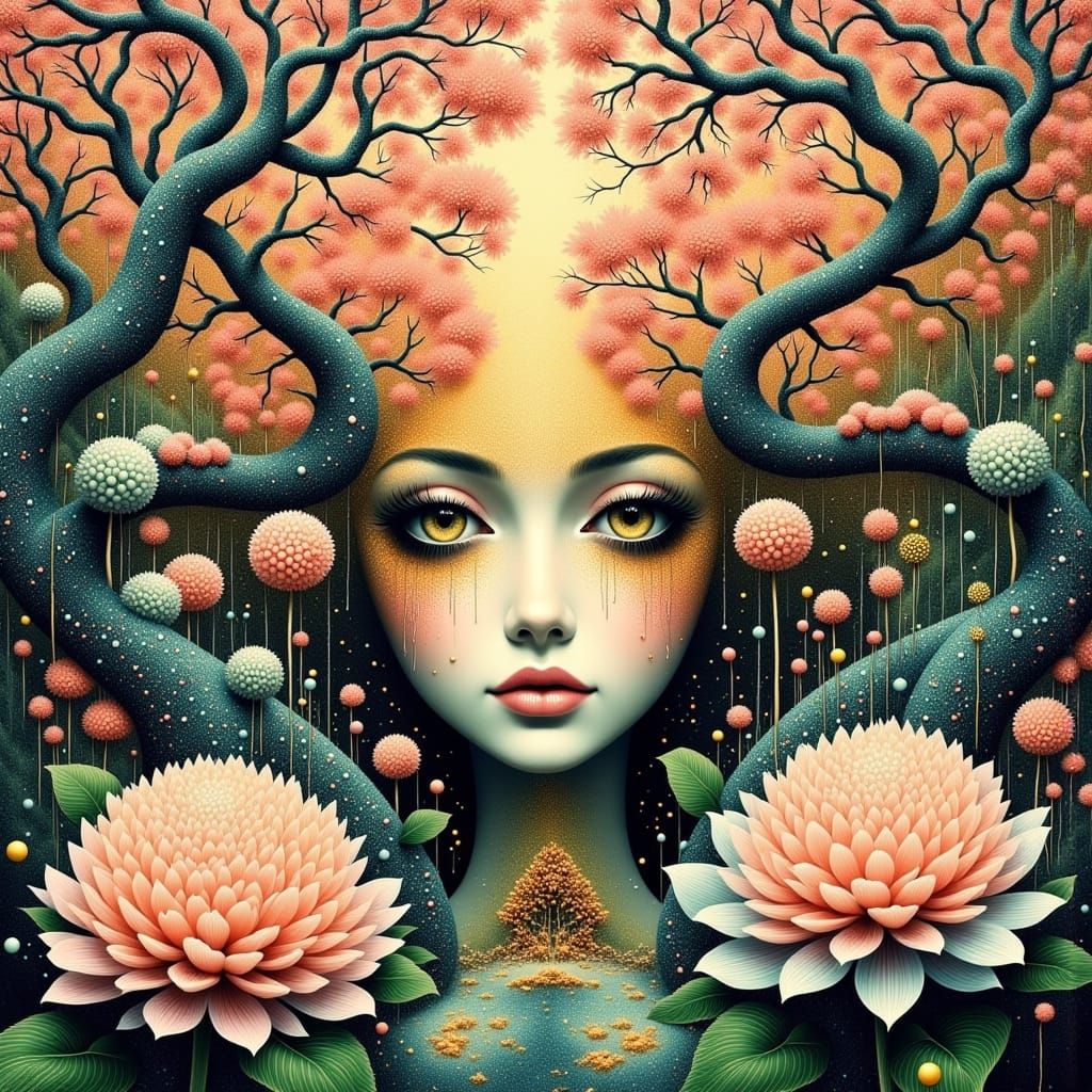 Dreamlike Double Exposure of Androgynous Face in Surreal Lan...