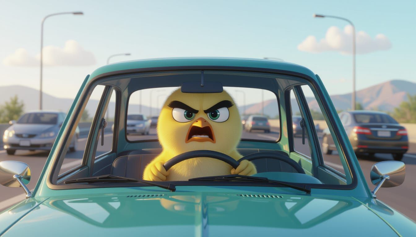Furious Chick in Traffic Jam, 3D Cartoon