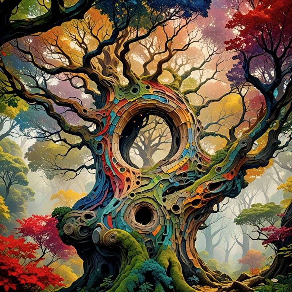 Ancient Hollow Tree in Vibrant Geometric Fantasy
