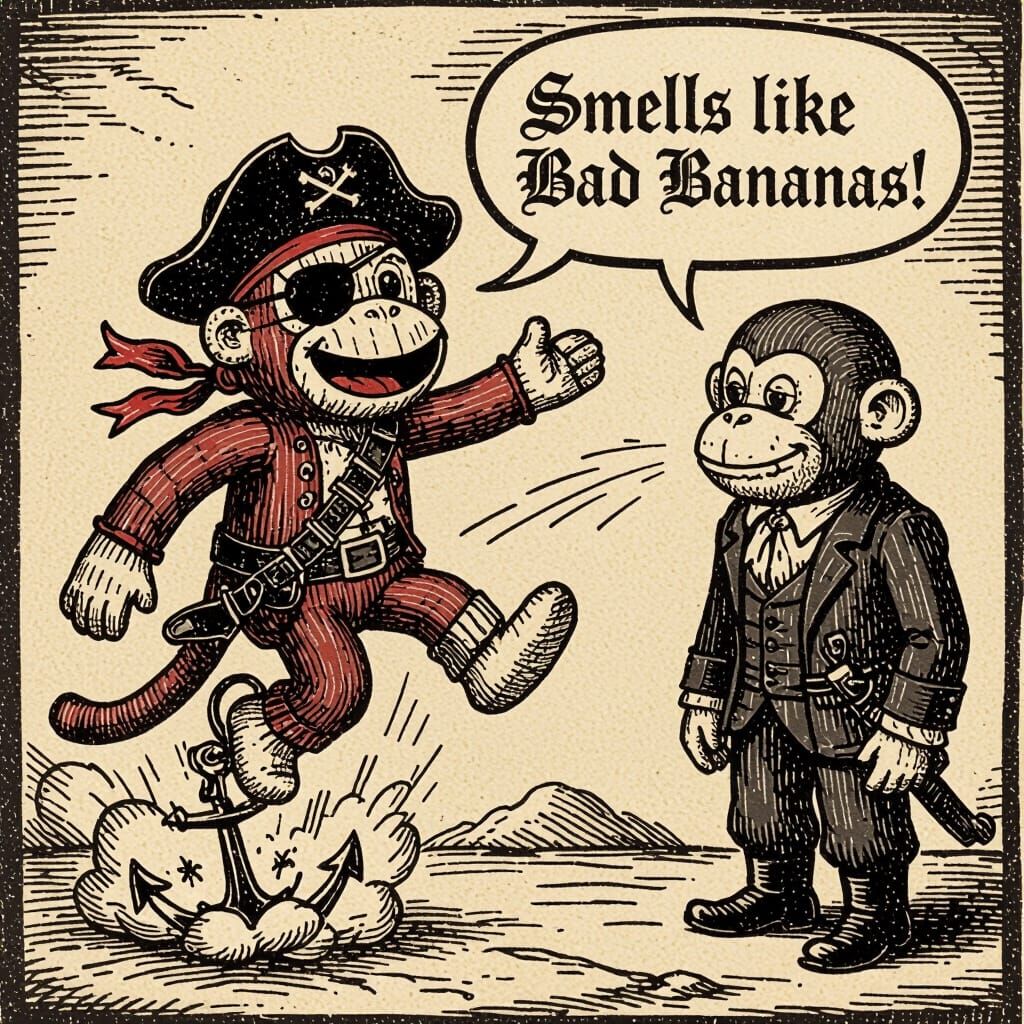 Pirate Sock Monkey Blasts Off in Albrecht Durer Style Woodcu...