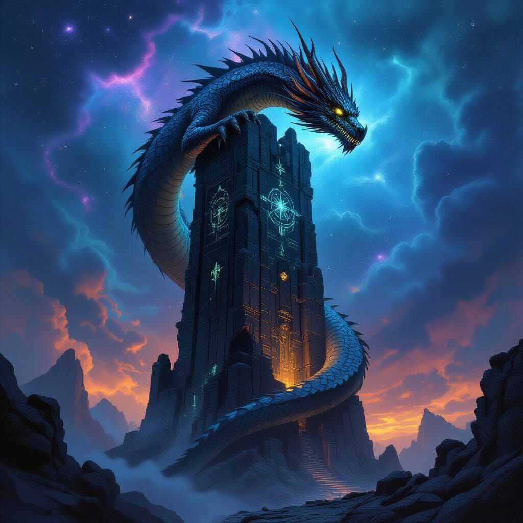 Ancient Dragon Coils Around Obsidian Tower in Nebula Sky
