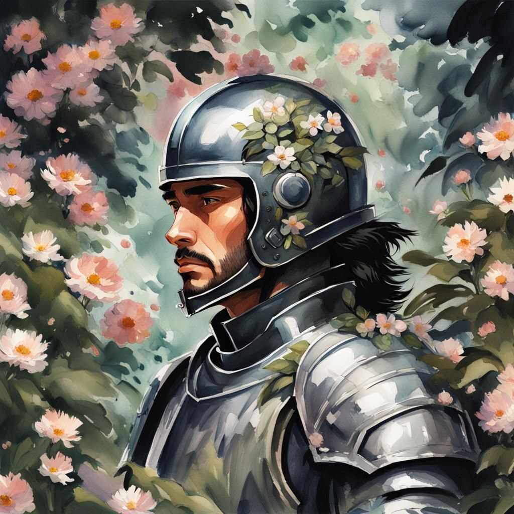Handsome Knight in Overgrown Blossoming Nature