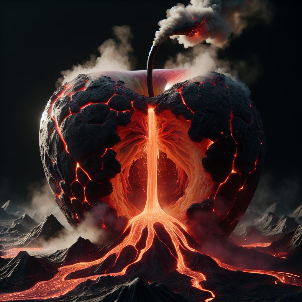 Surreal Smoking Volcano Inside an Apple