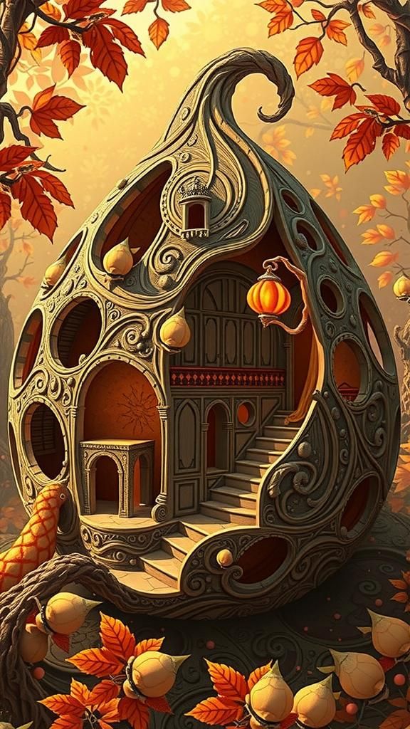 Fairy Godmother enchanting Gourds in a garden by MC Escher