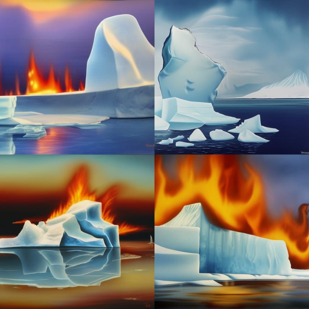 Flaming Iceberg: A Surreal Oil Painting