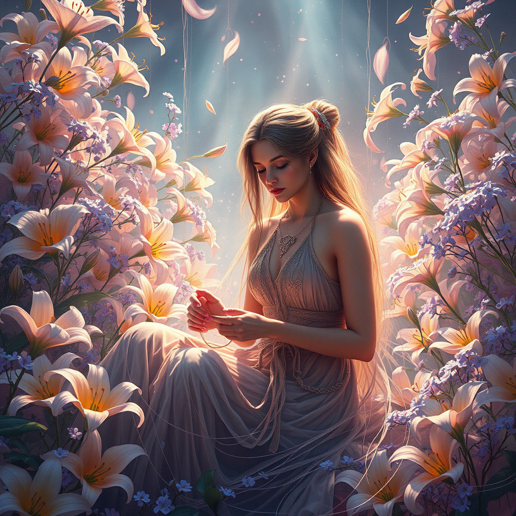Mystical Weaver in a Lush Paradise of Lilies and Forget Me N...