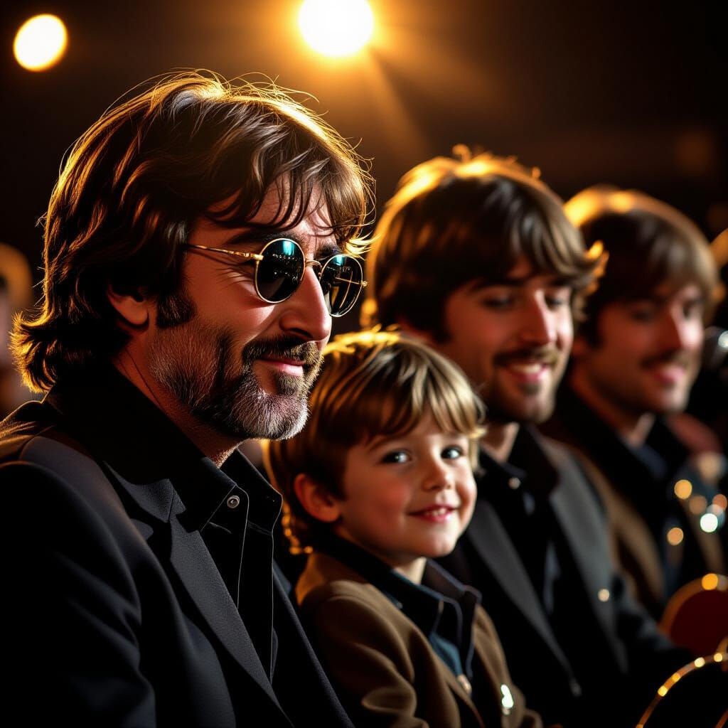 The Beatles and John Lennon with a Smiling Boy at Concert