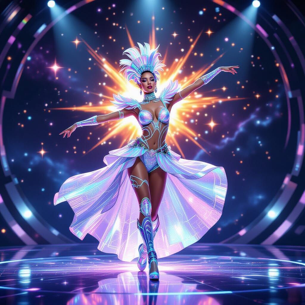 Futuristic Showgirl's Gravity-Defying Cosmic Dance