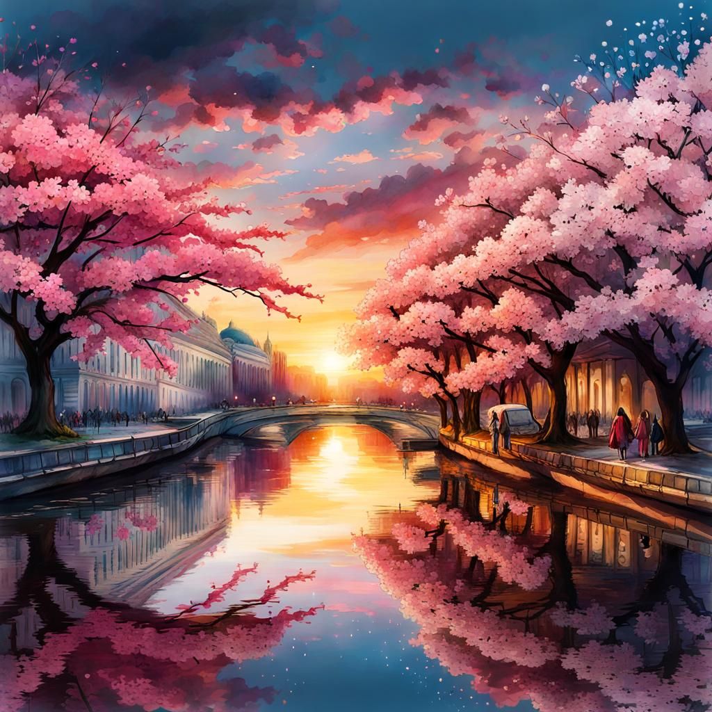 Washington DC Cherry Blossoms in Watercolor Style