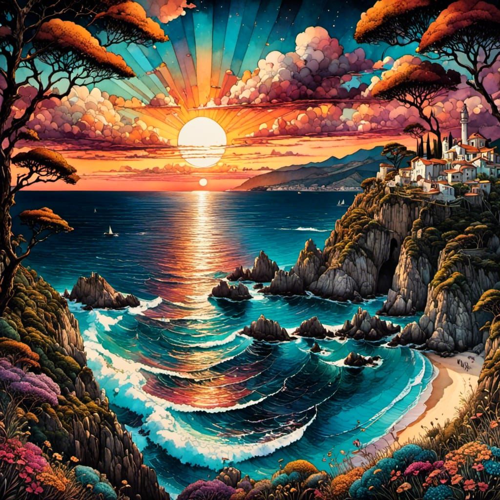 Mediterranean Sunset Ink Illustration